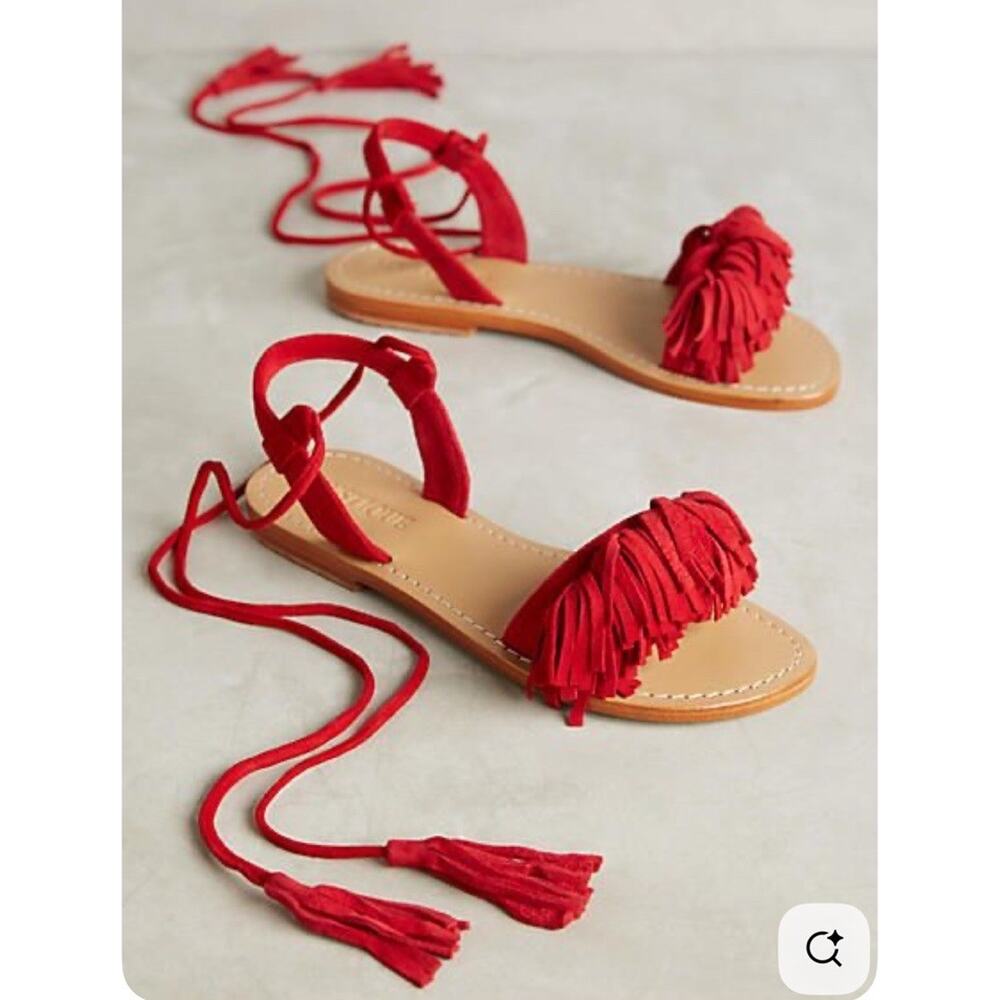 MYSTIQUE Size 8 Boho Fringe Gladiator Suede LEATHER Sandals Red